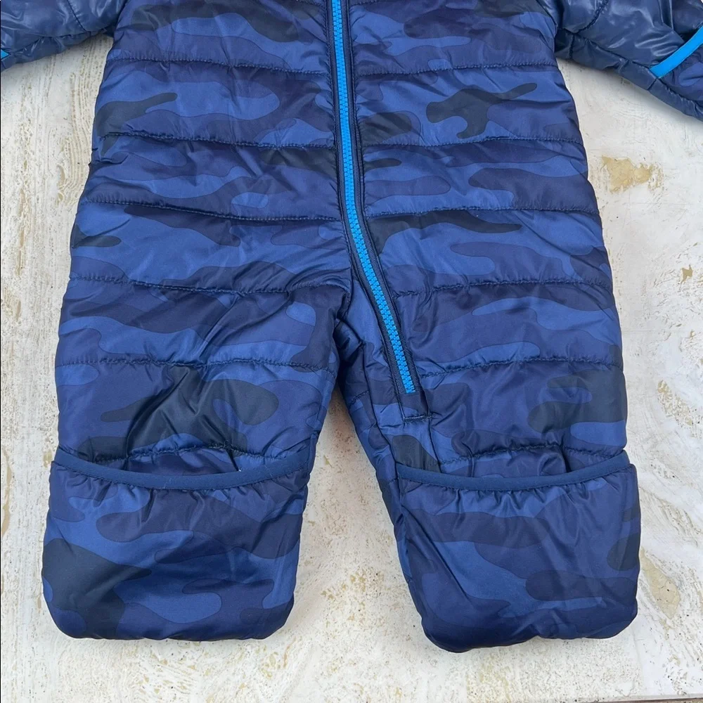 Carter’s baby snowsuit blue camo zip up size 6-9 months fold over hands / feet